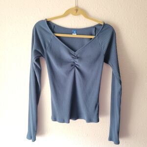 Old Navy Classic Teal Sporty V-neck Stretchy Rib Knit Blouse Blue Green Top